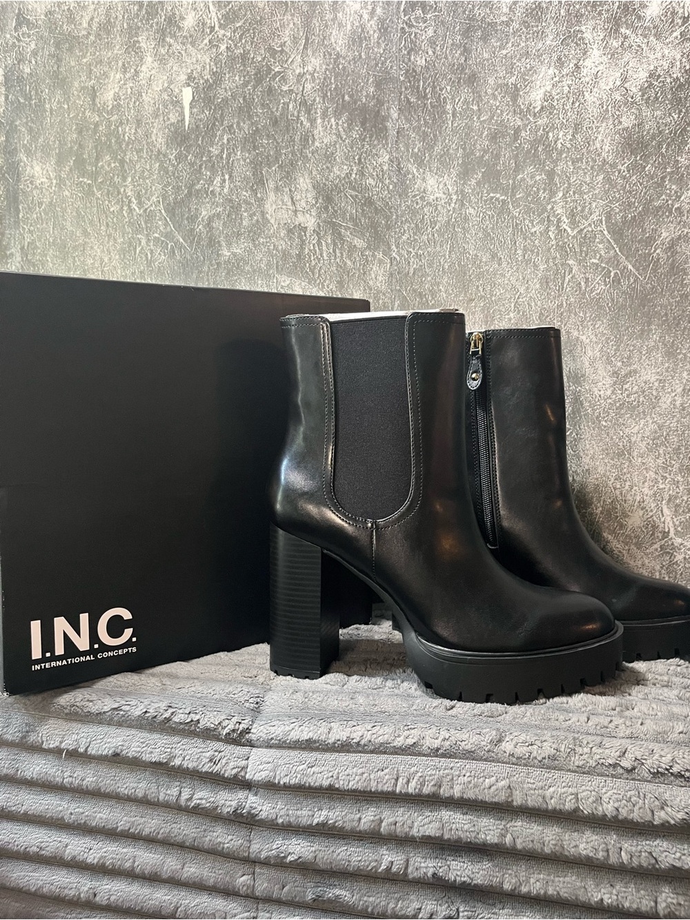 INC International Concepts Black Leather Chunky Heel Platform Ankle Boots